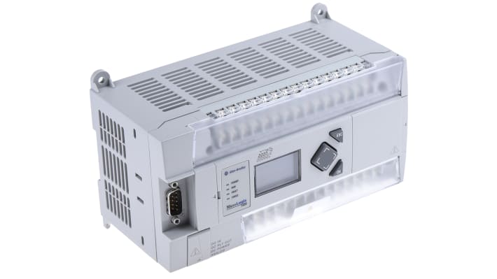 Modulo I/O Allen Bradley 1766-L32BXBA per MicroLogix 1400, 20 ingressi digitali, 12 uscite relè, montaggio su guida DIN. Dimensioni 87 x 180 x 90 mm.