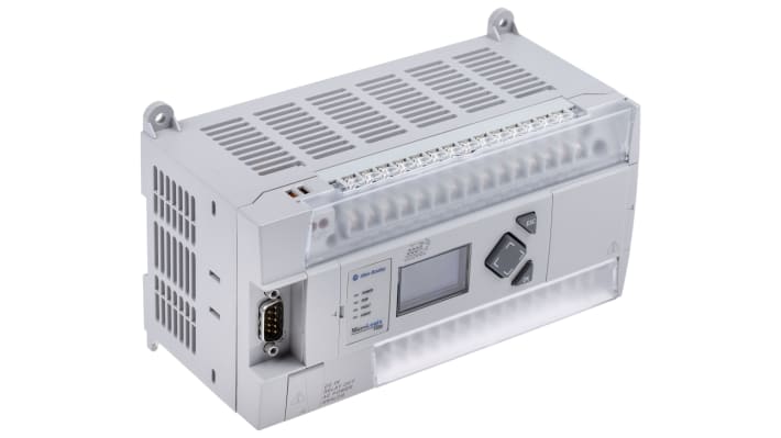 Modulo I/O PLC Allen Bradley 1766-L32BWAA, 12 ingressi digitali, 8 uscite relè, montaggio su guida DIN, dimensioni 87 x 180 x 90 mm.