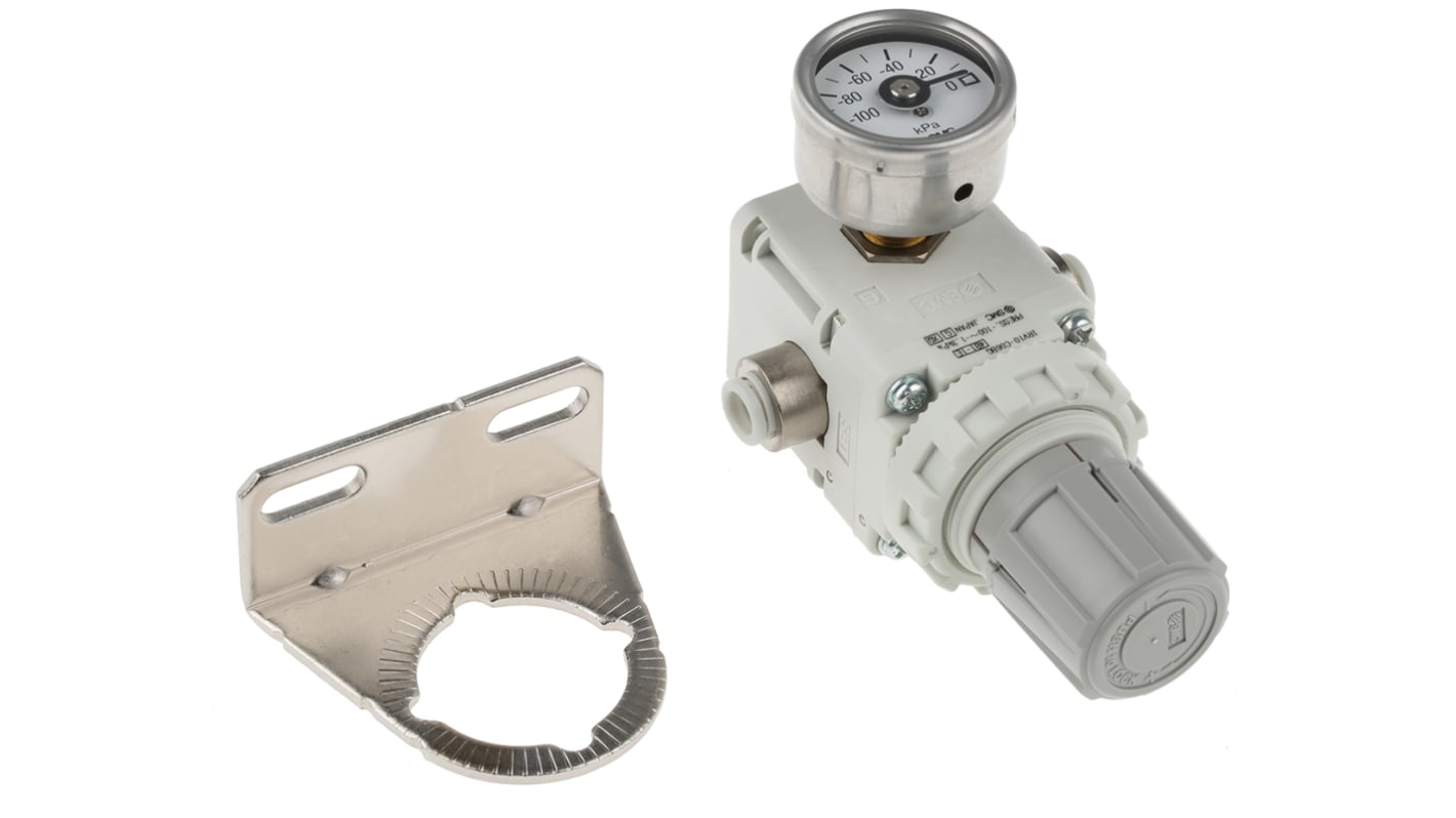 Regolatore di vuoto SMC IRV10-C06BG, portata 140 L/min, attacco M6, intervallo temperatura +5 °C a +60 °C, design compatto.