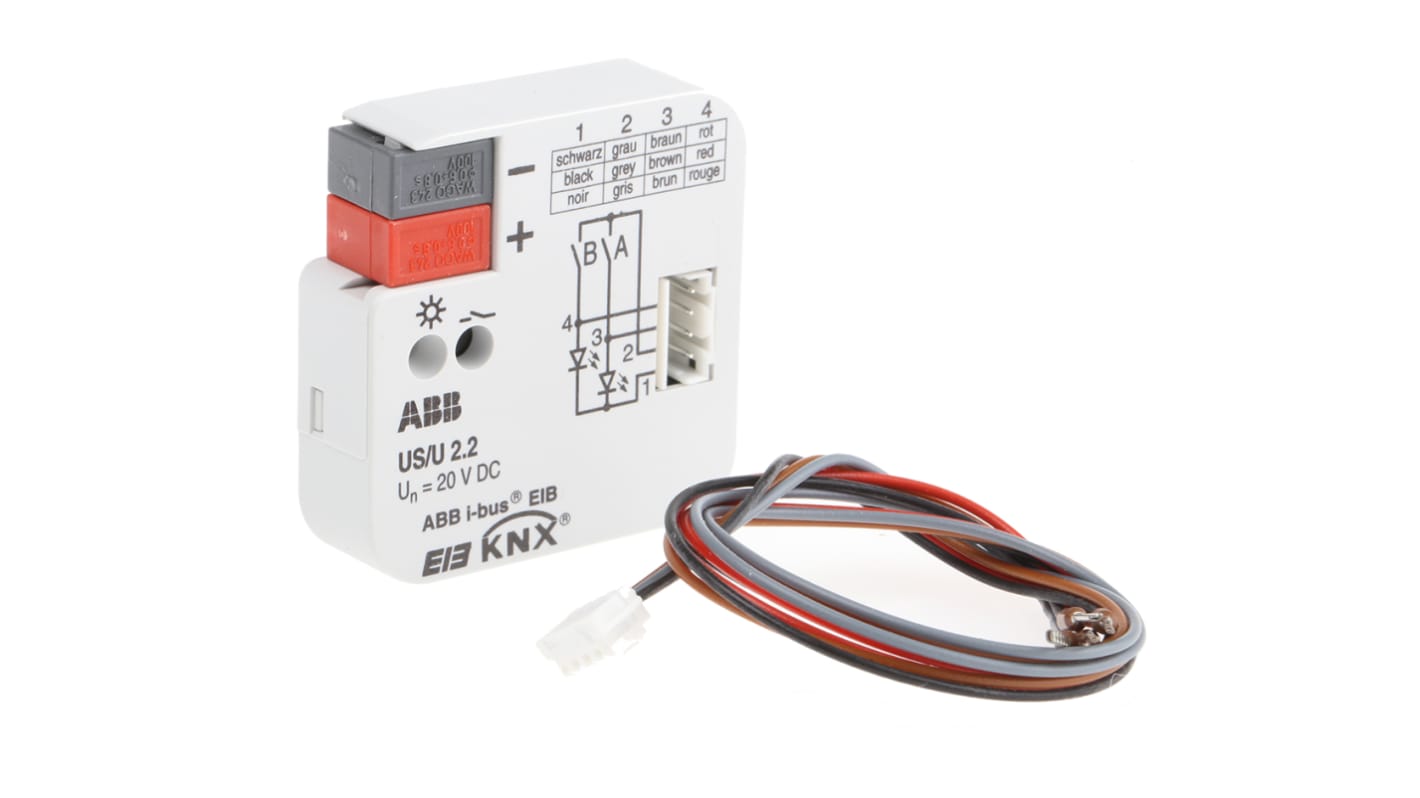 Modulo I/O PLC ABB GHQ6310074R0111 US/U2.2 per interfaccia KNX, 2 canali configurabili, montaggio a filo in giunto da 60 mm.