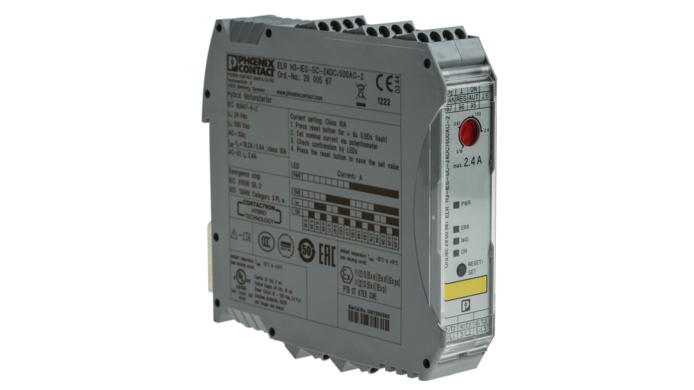 Starter motore trifase Phoenix Contact 2900567, potenza 1 kW, tensione 24 V c.c., montaggio su guida DIN, dimensioni 106.6 x 22.5 x 113.7 mm.