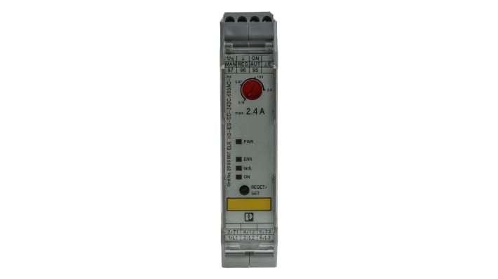Starter motore trifase Phoenix Contact 2900567, potenza 1 kW, tensione 24 V c.c., montaggio su guida DIN, dimensioni 106.6 x 22.5 x 113.7 mm.