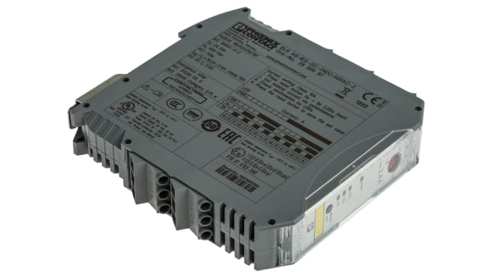 Starter motore trifase Phoenix Contact 2900567, potenza 1 kW, tensione 24 V c.c., montaggio su guida DIN, dimensioni 106.6 x 22.5 x 113.7 mm.