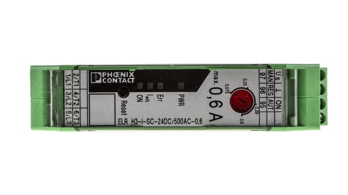 Starter per motore ibrido Phoenix Contact 2900542, potenza 0,18 kW, montaggio su guida DIN, dimensioni 106,6 x 22,5 x 113,7 mm.