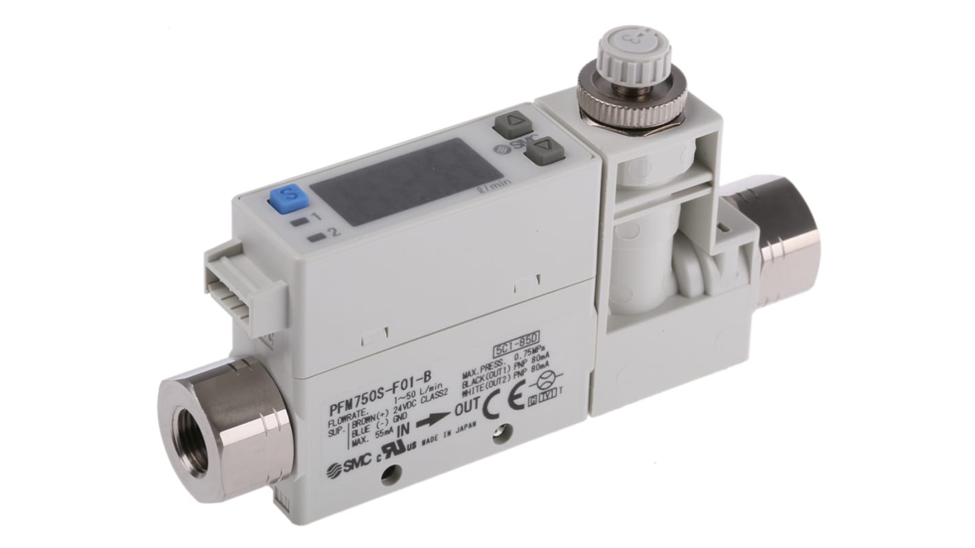 Regolatore di flusso SMC PFM750S-F01-B, digitale, portata 1-50 l/min, design compatto, alimentazione 24 V c.c.