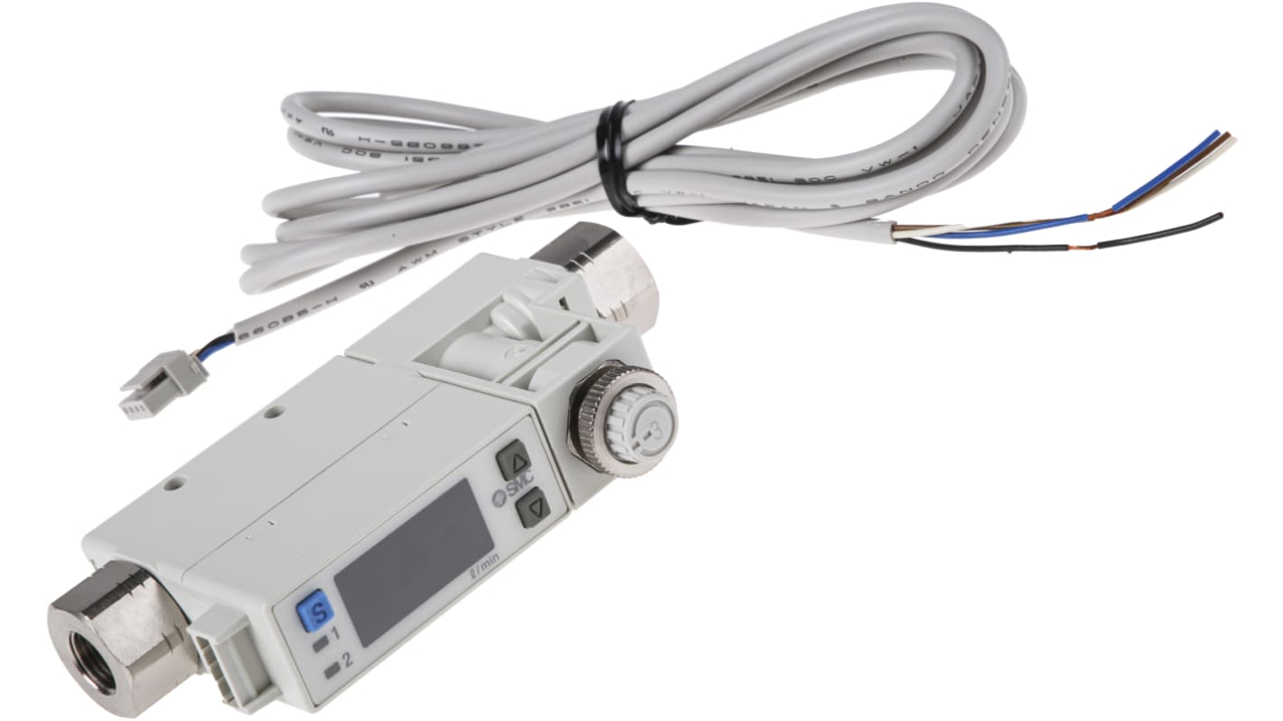 SMC PFM750S-F01-F, regolatore di flusso digitale 1-50 l/min, compatto, 24 V c.c., con display LED e valvola integrata.
