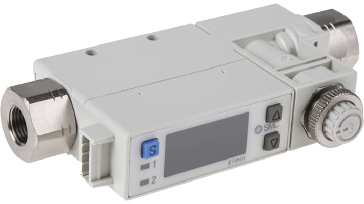 SMC PFM750S-F01-F, regolatore di flusso digitale 1-50 l/min, compatto, 24 V c.c., con display LED e valvola integrata.