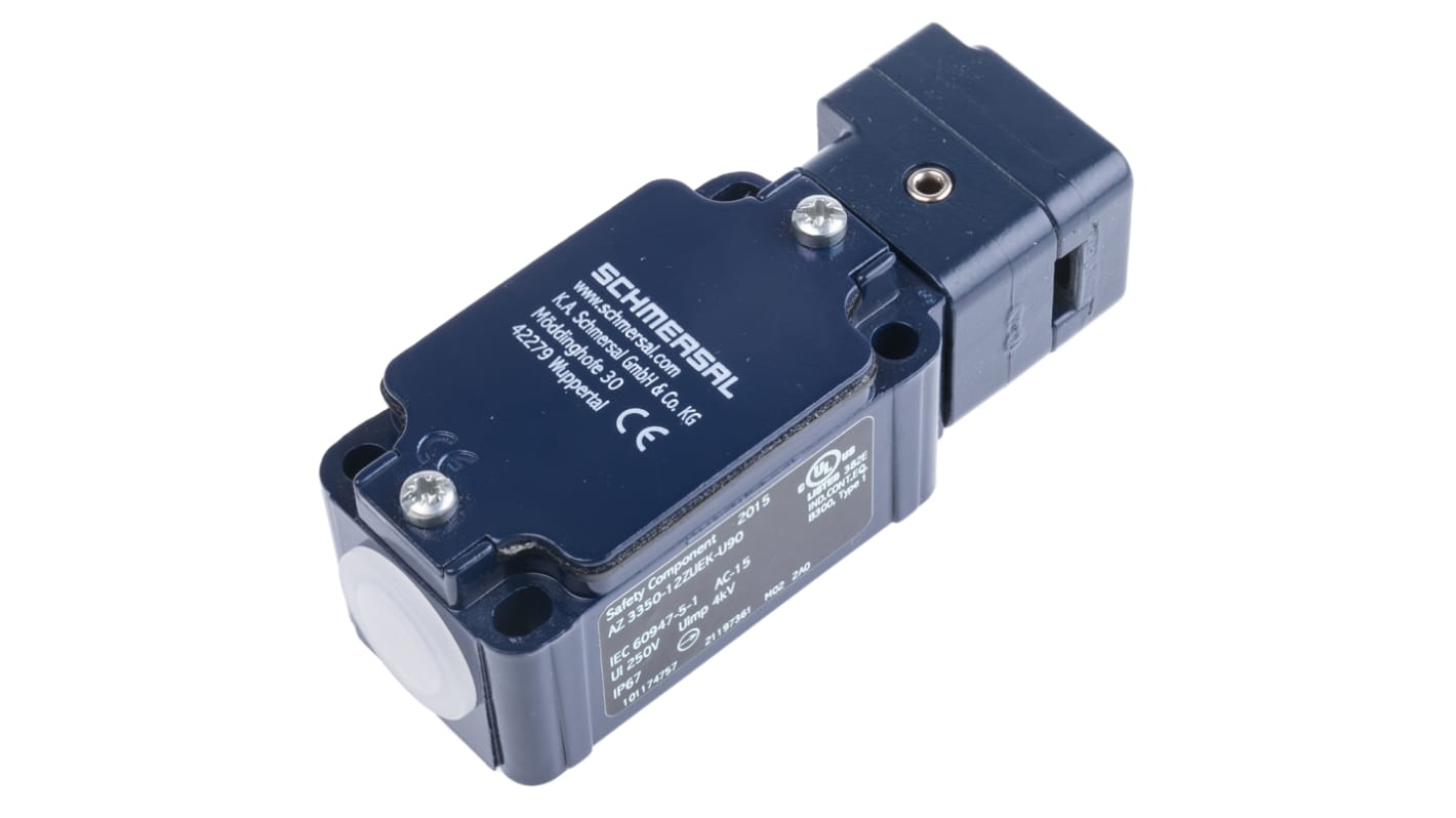 Interruttore di interblocco di sicurezza Schmersal AZ 3350-12ZUEK-U90, custodia in alluminio, grado di protezione IP67, dimensioni 114 x 40.5 x 38 mm.