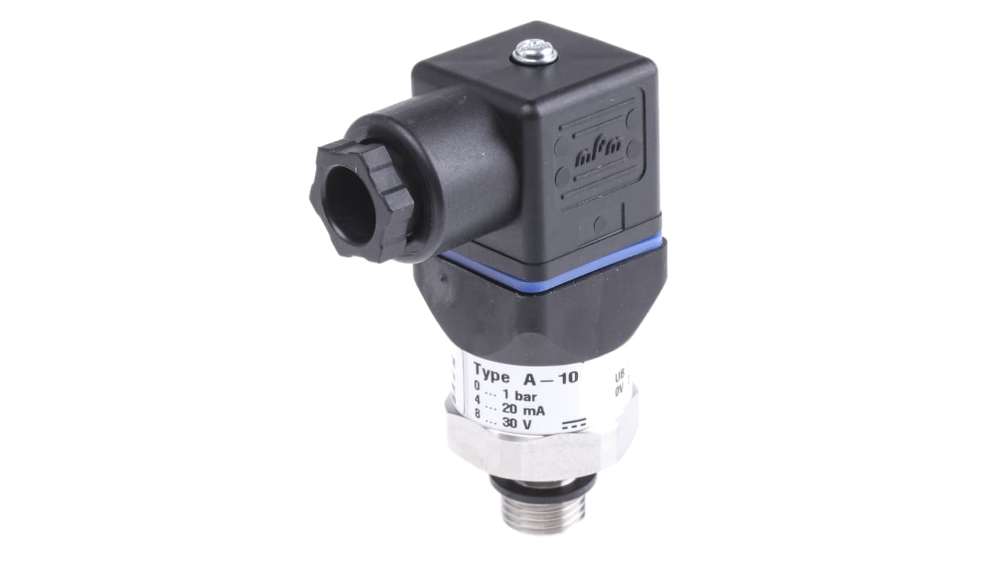 Trasmettitore di pressione WIKA 12719049, compatto, 1 bar max, uscita 4-20 mA, connettore maschio a L, acciaio inox.