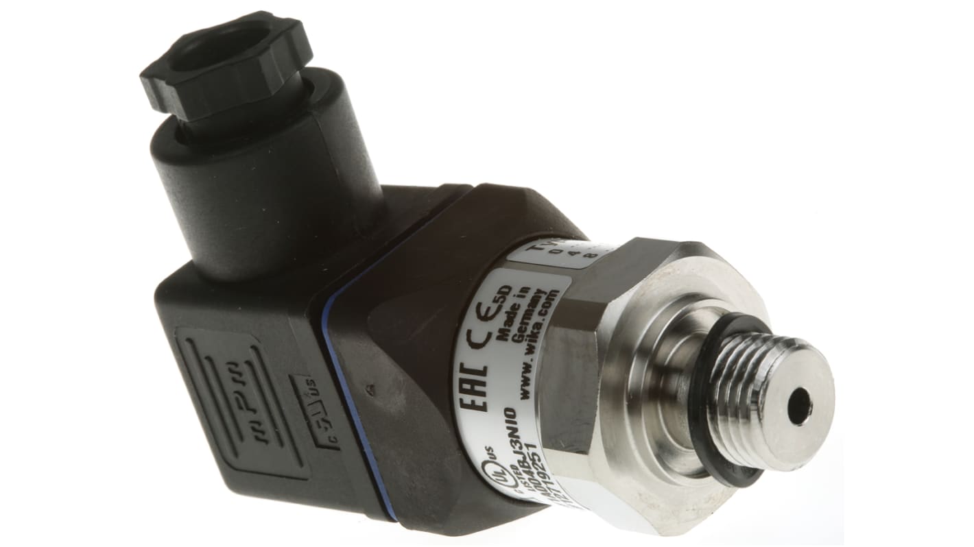 Trasmettitore di pressione WIKA 12719251, 0-4 bar, uscita 4-20 mA, compatto, acciaio inox, connettore a 4 pin.