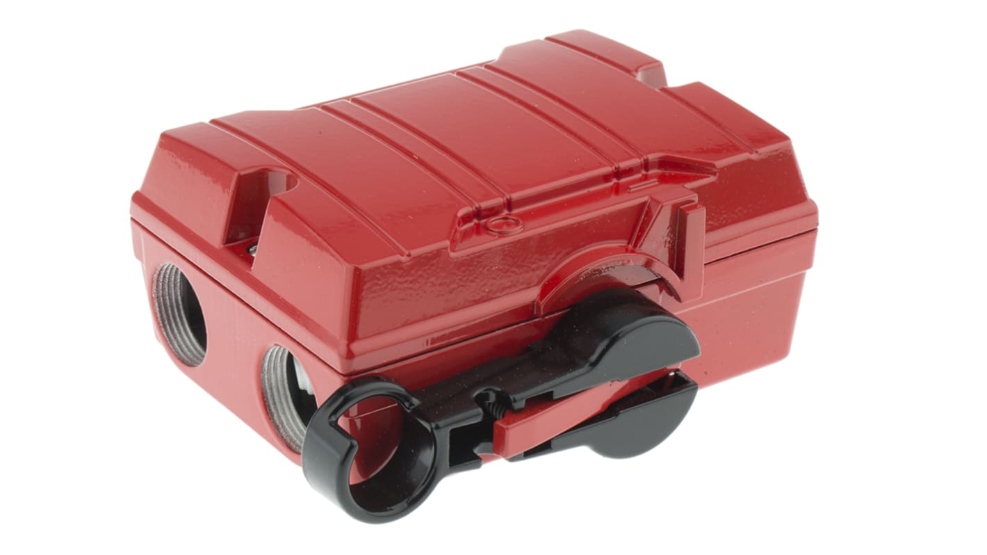 Interruttore di isolamento ABB KSF225DP, 2 poli, 25A, 400V, IP65, con maniglia rossa bloccabile e terminali a vite. Dimensioni 130x111x60mm.