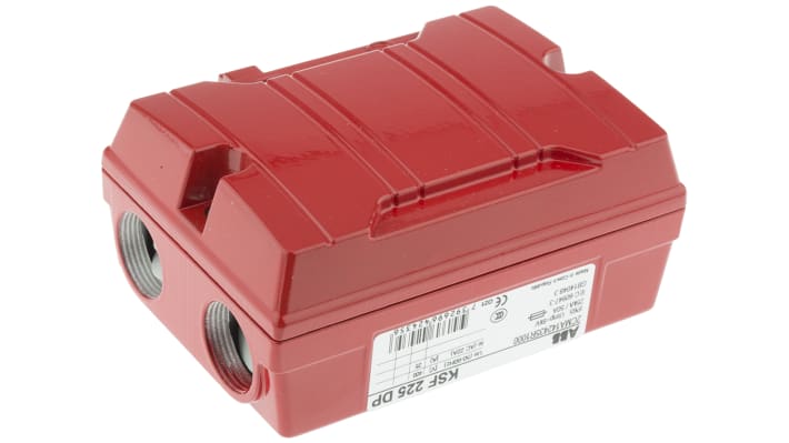 Interruttore di isolamento ABB KSF225DP, 2 poli, 25A, 400V, IP65, con maniglia rossa bloccabile e terminali a vite. Dimensioni 130x111x60mm.