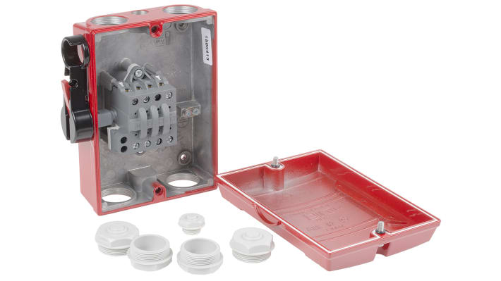 Interruttore di isolamento ABB 4 poli, 40A, 690V, IP65, struttura in alluminio, dimensioni 150 x 127 x 77 mm, montaggio a parete.