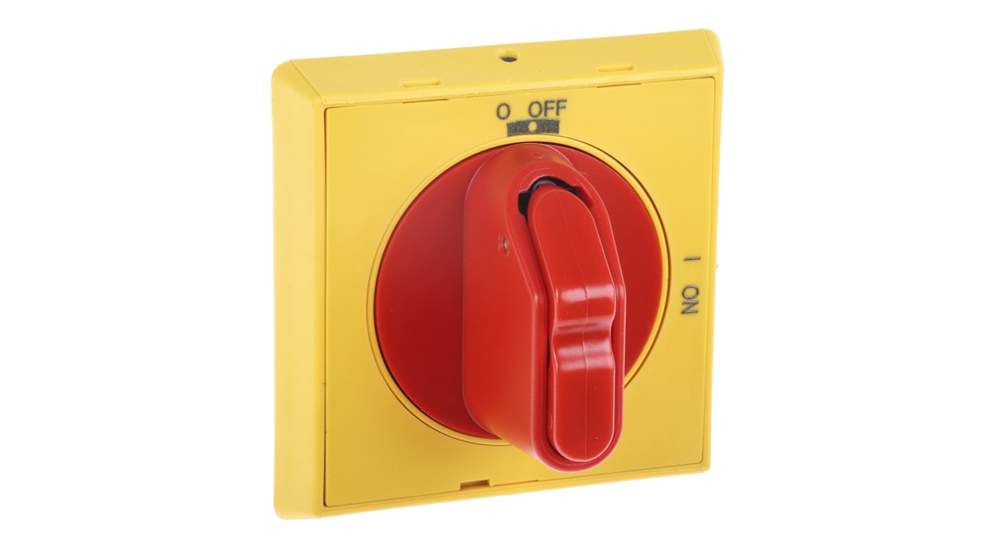 Manopola rotante ABB OHYS2AJ per selettori Serie OT, colore rosso/giallo, IP65, tre posizioni bloccabili, montaggio su guida DIN.