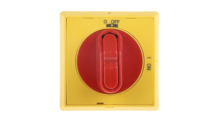 Manopola rotante ABB OHYS2AJ per selettori Serie OT, colore rosso/giallo, IP65, tre posizioni bloccabili, montaggio su guida DIN.