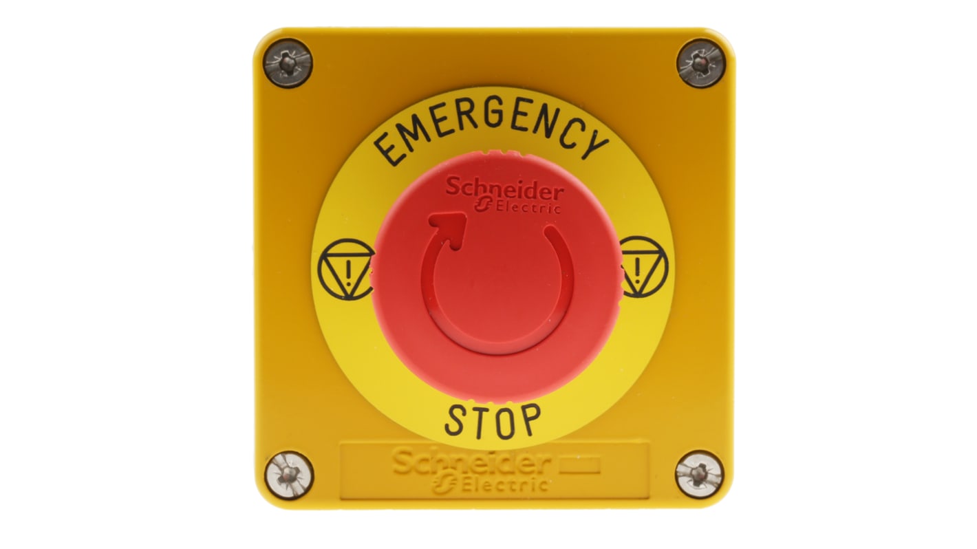 Pulsante di arresto di emergenza Schneider Electric Harmony XAP, rosso con custodia gialla, montaggio superficiale, IP65.
