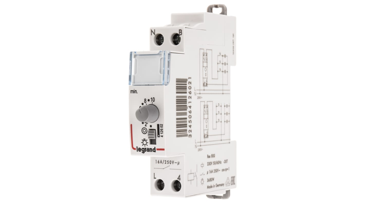 Legrand 4 126 02, temporizzatore elettronico per guida DIN, 230 V, contatto SPST, resettabile, compatibile con 3 o 4 cavi.