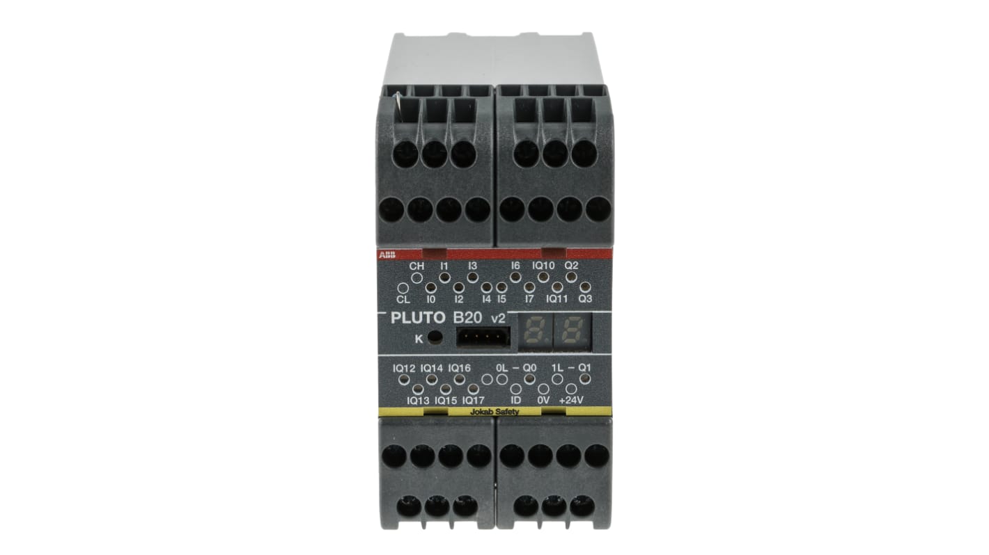 ABB 2TLA020070R4600 Pluto B20 v2, controller di sicurezza 24 V c.c., 20 I/O, montaggio su guida DIN, dimensioni 84 x 45 x 118 mm.