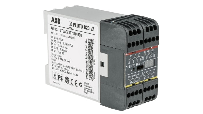 ABB 2TLA020070R4600 Pluto B20 v2, controller di sicurezza 24 V c.c., 20 I/O, montaggio su guida DIN, dimensioni 84 x 45 x 118 mm.