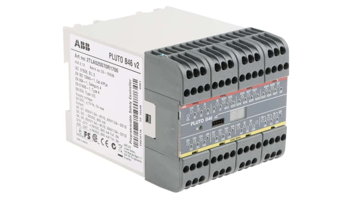 Controller di sicurezza ABB 2TLA020070R1700 Pluto B46 v2, 24 ingressi e 6 uscite, dimensioni 84 x 90 x 118 mm, grado di protezione IP20.