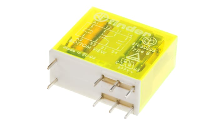 Finder 50.12.9.060.5000, relè DPDT a contatti guidati, tensione 60V cc, montaggio su PCB, dimensioni 29mm x 25mm x 12.4mm.