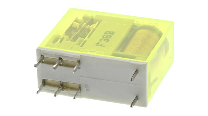 Finder 50.12.9.110.5000, relè DPDT 2 poli, tensione 110V cc, corrente 15A, montaggio su PCB, dimensioni 29x25x12.4mm.