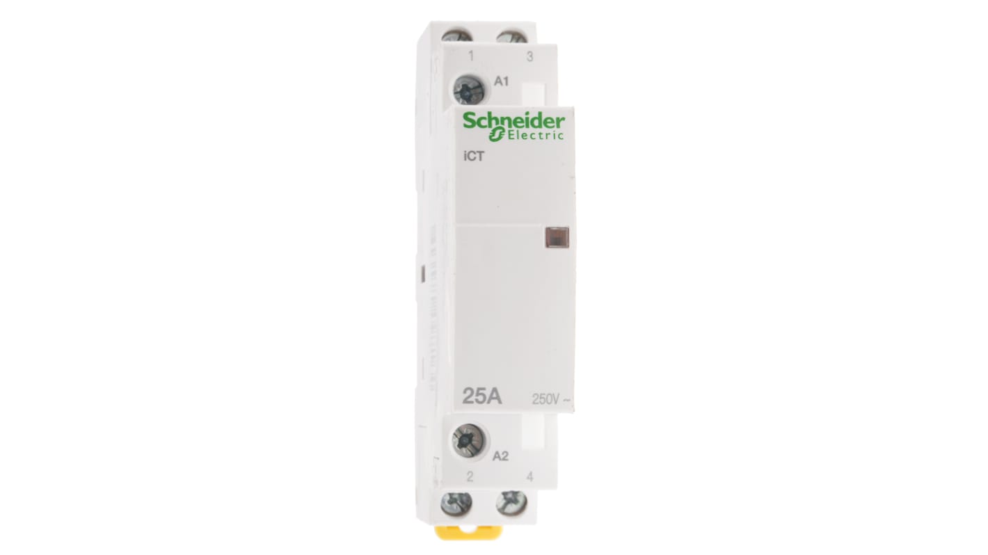 Contattore Schneider Electric A9C24732, serie iCT, 2 poli, 25 A, montaggio su guida DIN, dimensioni 18x81x60 mm.