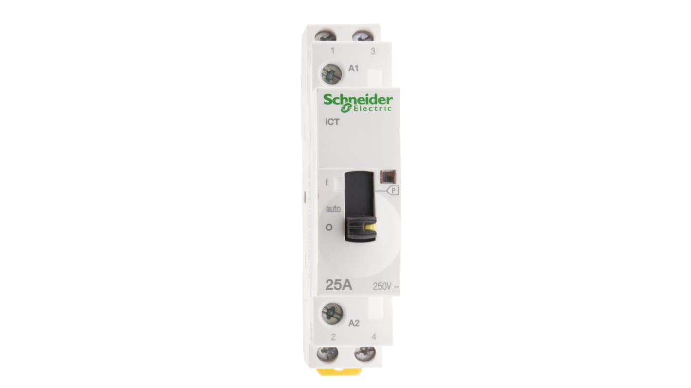 Contattore Schneider Electric A9C25732, 2 poli, 2 NO, 25 A, montaggio su guida DIN, dimensioni 81x18x60 mm.