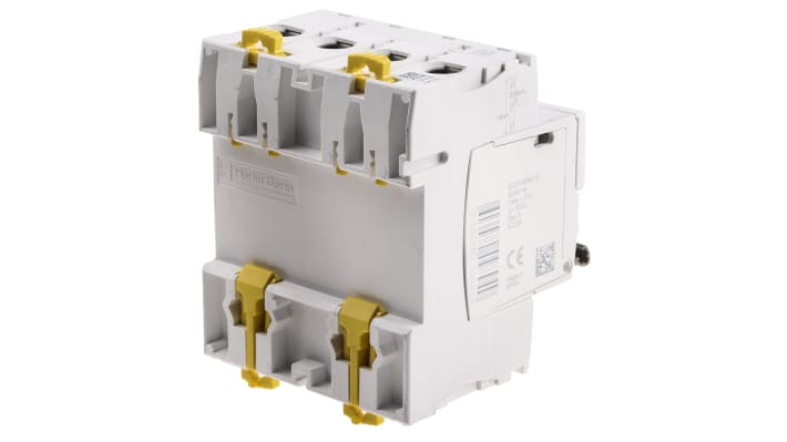 Interruttore di isolamento Schneider Electric A9S70740, 3P+N, 40A, 415V, per controllo circuiti sotto carico, dimensioni 85mm x 72mm x 74mm.