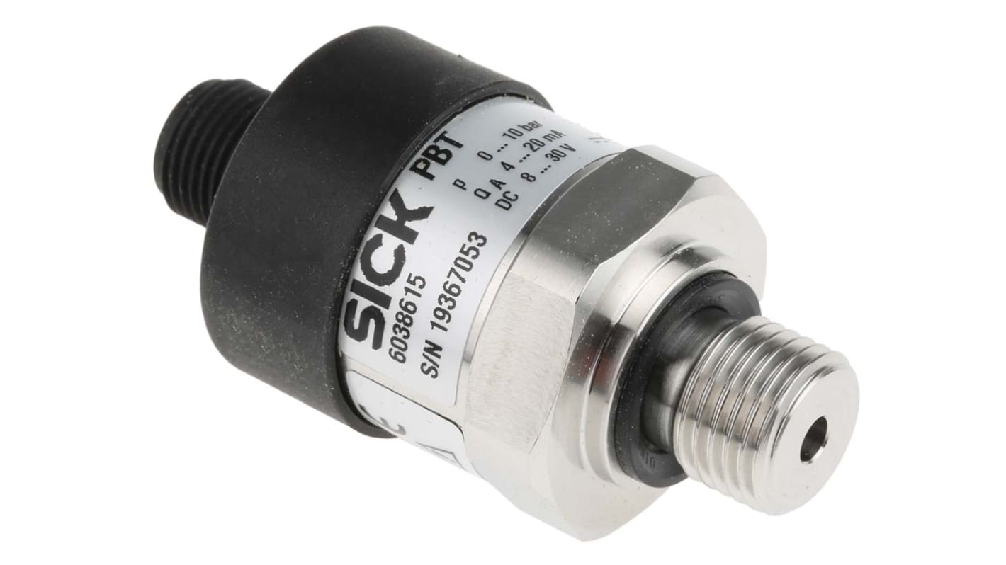 Sensore di pressione relativa Sick PBT-RB010SG1SSNAMA0Z, 10 bar, uscita 4-20 mA, custodia in acciaio inox, IP67.