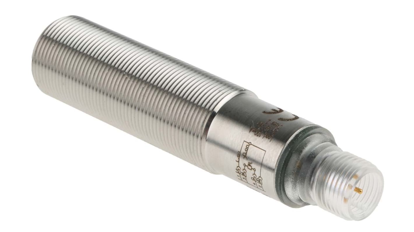 Sensore fotoelettrico cilindrico Sick VTF18-4P1240V, rilevamento 110 mm, uscita PNP, IP69K, acciaio inox, 83 mm di lunghezza.