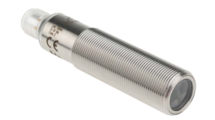 Sensore fotoelettrico cilindrico Sick VTF18-4P1240V, rilevamento 110 mm, uscita PNP, IP69K, acciaio inox, 83 mm di lunghezza.