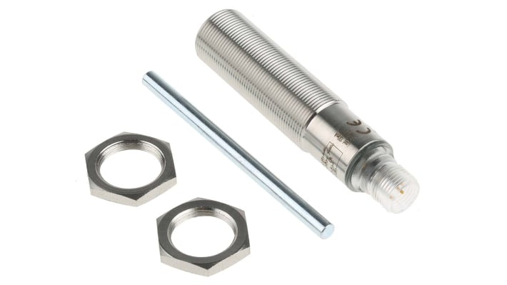 Sensore fotoelettrico cilindrico Sick VTF18-4P1240V, rilevamento 110 mm, uscita PNP, IP69K, acciaio inox, 83 mm di lunghezza.