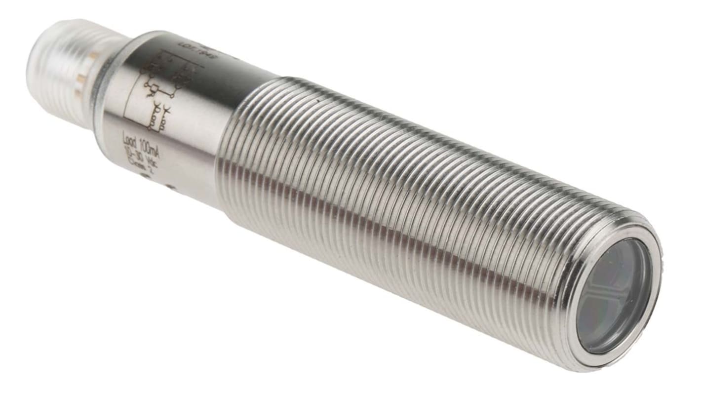 Sensore fotoelettrico cilindrico Sick VTF18-4N1240V, rilevamento 110 mm, uscita NPN, montaggio filettato, IP69K.