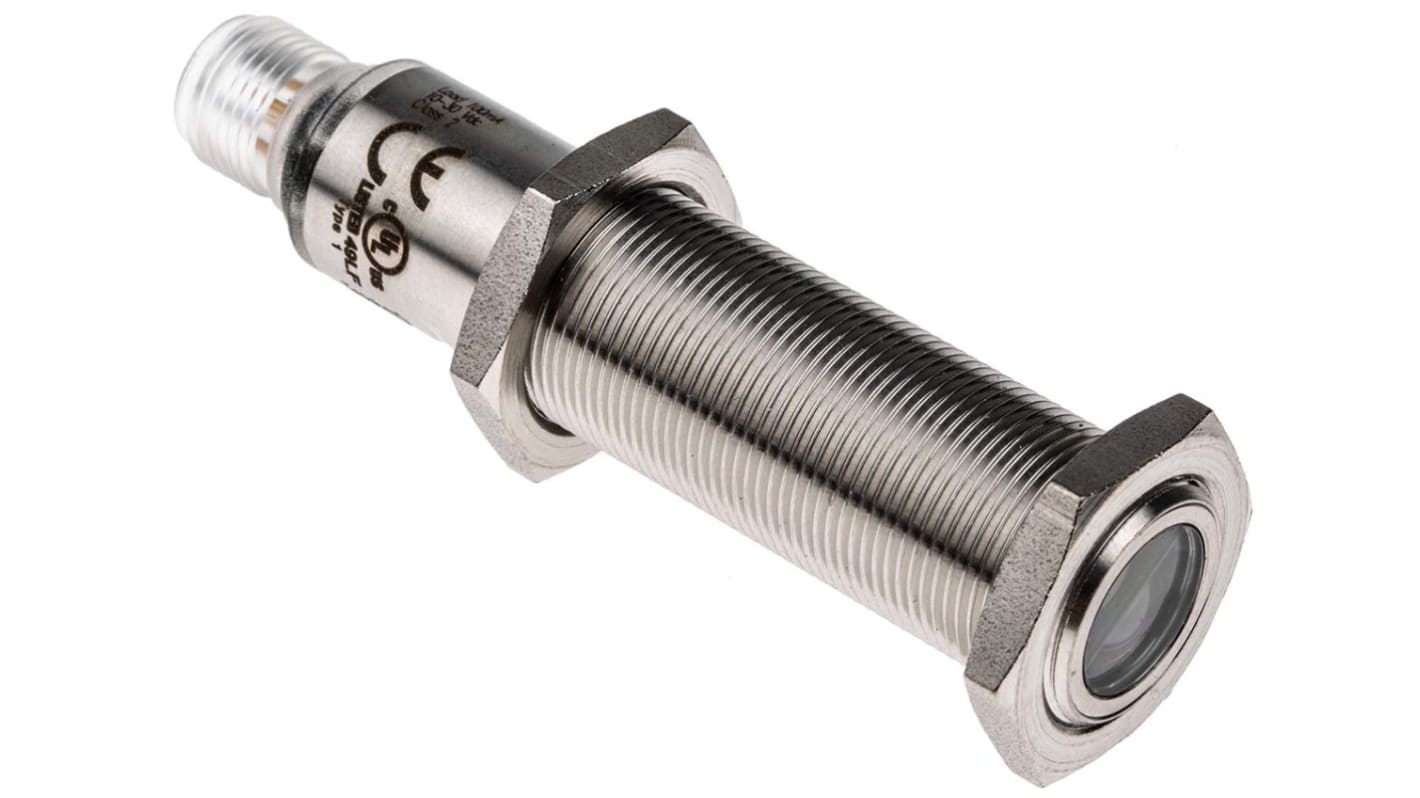 Sensore fotoelettrico cilindrico Sick VTE18-4P8240V, rilevamento fino a 900 mm, con connettore M12 a 4 pin, grado di protezione IP69K.