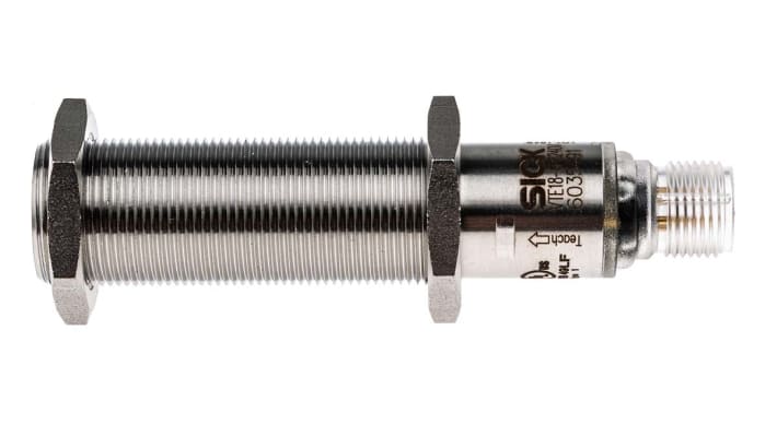 Sensore fotoelettrico cilindrico Sick VTE18-4P8240V, rilevamento fino a 900 mm, con connettore M12 a 4 pin, grado di protezione IP69K.