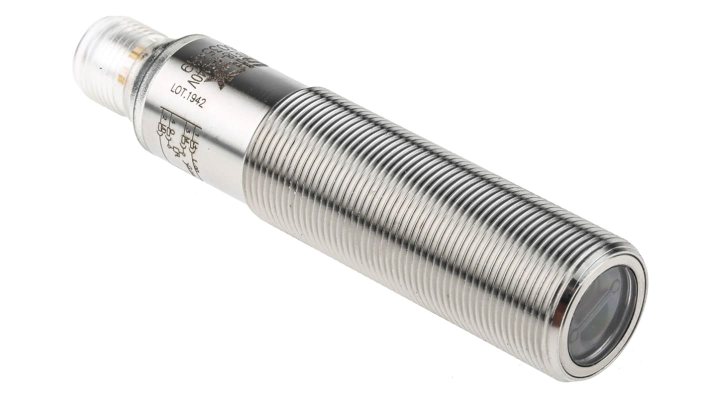 Sensore fotoelettrico cilindrico Sick VTE18-4P4240V, rilevamento 450 mm, custodia in acciaio inox, montaggio filettato, IP69K.