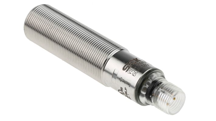 Sensore fotoelettrico cilindrico Sick VTE18-4P4240V, rilevamento 450 mm, custodia in acciaio inox, montaggio filettato, IP69K.