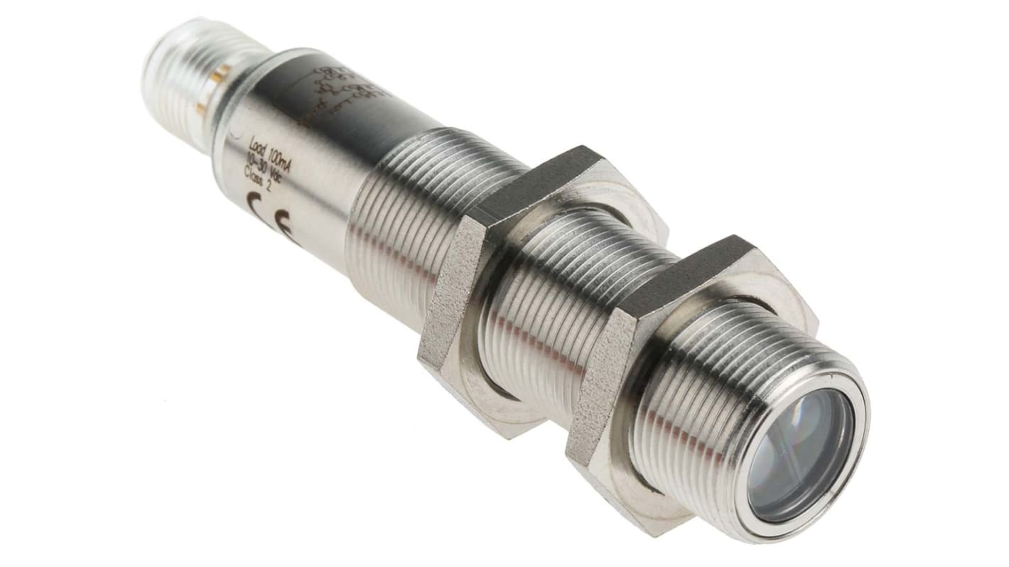 Sensore fotoelettrico cilindrico Sick VTB18-4P1240V, rilevamento 140 mm, uscita PNP, IP69K, montaggio filettato, lunghezza 83 mm.