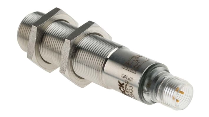 Sensore fotoelettrico cilindrico Sick VTB18-4P1240V, rilevamento 140 mm, uscita PNP, IP69K, montaggio filettato, lunghezza 83 mm.