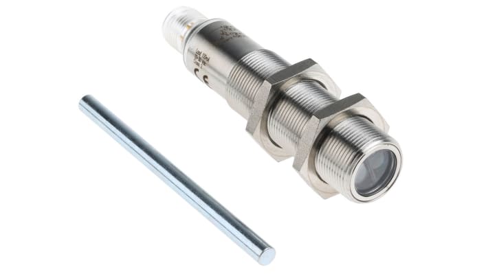 Sensore fotoelettrico cilindrico Sick VTB18-4P1240V, rilevamento 140 mm, uscita PNP, IP69K, montaggio filettato, lunghezza 83 mm.