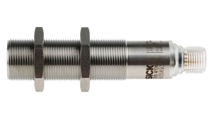 Sensore fotoelettrico cilindrico Sick VTB18-4P1240V, rilevamento 140 mm, uscita PNP, IP69K, montaggio filettato, lunghezza 83 mm.