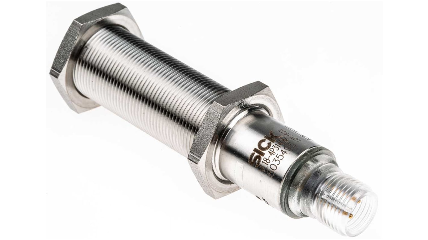 Sensore fotoelettrico cilindrico a retroriflessione Sick VL18-4P3140V, rilevamento da 100 mm a 5 m, custodia in acciaio inox, IP69K.