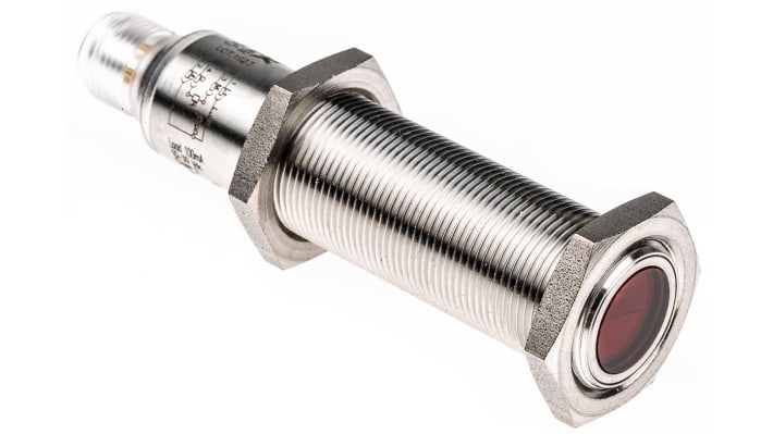 Sensore fotoelettrico cilindrico a retroriflessione Sick VL18-4P3140V, rilevamento da 100 mm a 5 m, custodia in acciaio inox, IP69K.