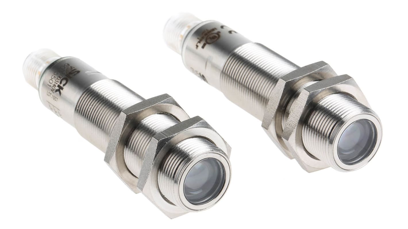 Sensore fotoelettrico cilindrico Sick VS/VE18-4P3140V, rilevamento fino a 20 m, custodia in acciaio inox, IP69K.