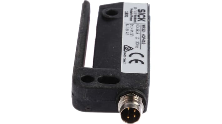 Sensore a forcella Sick WFS3-40P415 per etichette, rilevamento a 3 mm, con uscita PNP e connettore M8.