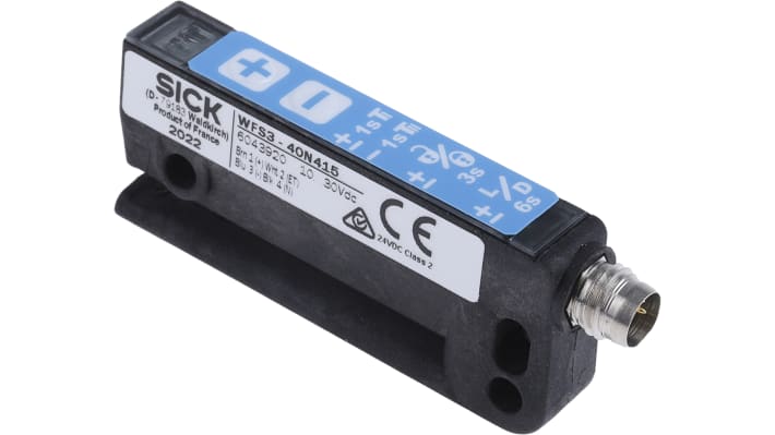 Sensore a forcella Sick WFS3-40N415 per etichette, rilevamento a 3 mm, uscita NPN, grado di protezione IP65.