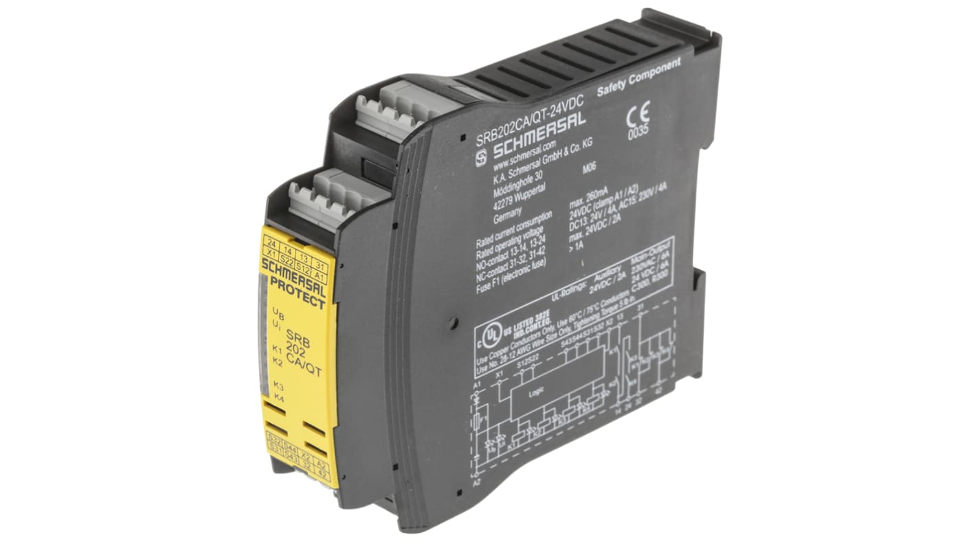 Relè di sicurezza Schmersal SRB202CA/QT, 2 canali, 24V DC, montaggio su guida DIN, dimensioni 22.5mm x 121mm x 100mm.