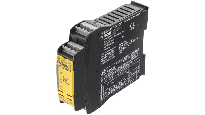 Relè di sicurezza Schmersal SRB202CA/QT, 2 canali, 24V DC, montaggio su guida DIN, dimensioni 22.5mm x 121mm x 100mm.