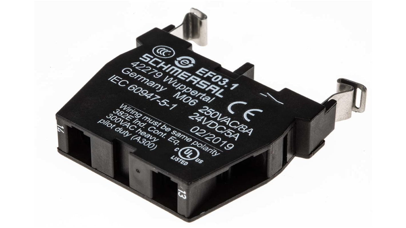 Blocco contatti Schmersal EF03.1, 1 NA per arresto di emergenza, dimensioni 46x10x60mm, montaggio a vite, grado di protezione IP40.